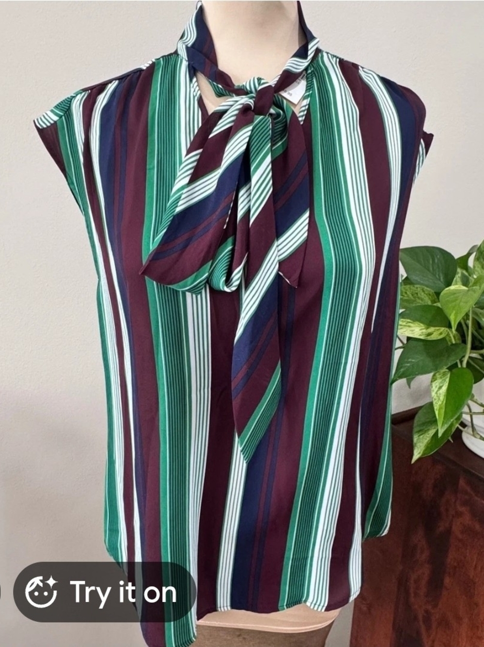 Striped Tie-Neck Sleeveless Blouse - Green/White/Burgundy - Size L